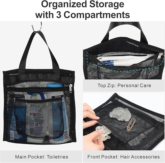 F-color Mesh Shower Caddy Portable Hanging - 3 Pockets Small Shower Bag Tote with Zipper Closure for Camping, Gym Lockers, Travel, Toiletry, Quick Dry Bathroom Essentials with S Hook, Black