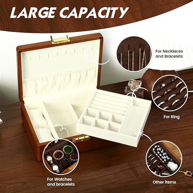 Solid Walnut Wood Jewelry Organizer Box with Lock,2-Layer Vintage Jewelry Box for Men Women, Velvet-Lined Storage for Earrings Rings Necklaces Bracelets Watches Gift Beige