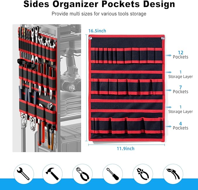 JUNNUJ Large Power Tool Organizer Cart with Charging Station, Garage Floor Standing Rolling Drill and Tools Battery Storage Cart on Wheels, Heavy Duty Utility Rack Shelf with 8 Outlet Power Strip, Red