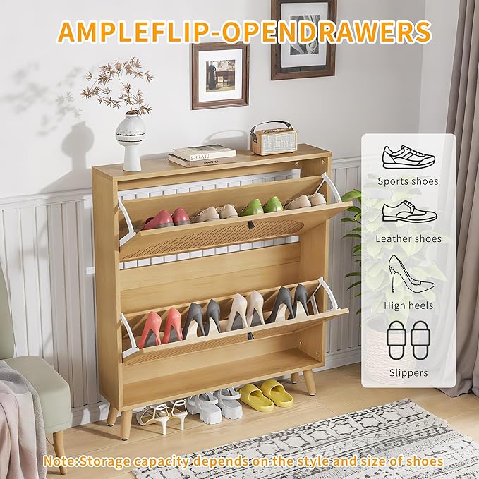 Fsbecl Shoe Storage Cabinet for Entryway with 2 Flip Drawers, Narrow Wood Shoe Cabinet with Fluted Panel, Freestanding Hidden Shoe Organizer for Foyer, Hallway (Wood Color - No Shelf)