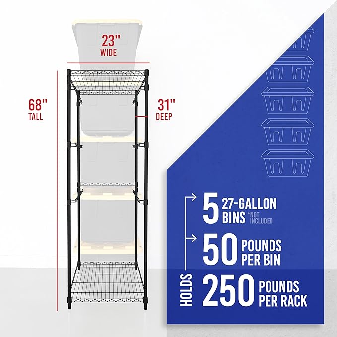 SafeRacks 5-Tier Steel Tote Rack - Maximize Space, Declutter, Organization, NSF Certified, Bin Storage for Garage, Pantry, Kitchen, Workspace, 5 Shelves, 31″ x 23″ x 68″, Black