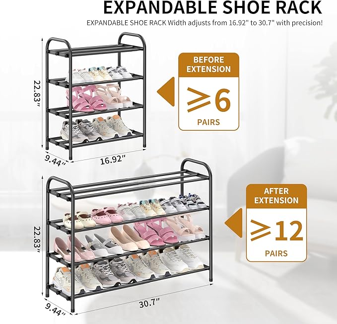 Hleelomi 4-Tier Expandable Shoe Rack for Entryway，Adjustable Metal Shoe Organizer for Closet,Living Room,Dorm,Black