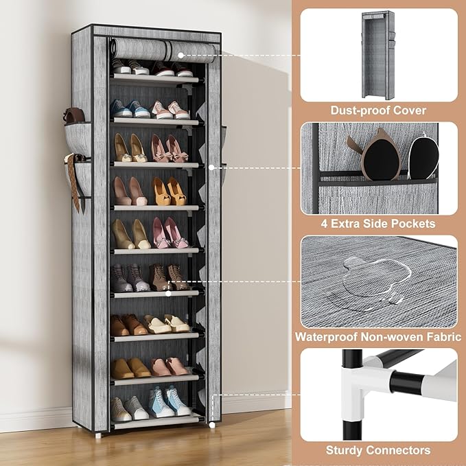 VILICK Shoe Rack with Cover Narrow Shoe Rack Organizer with 4 Side Pockets 10 Tier Tall Shoe Storage Shoe Shelf Holds 18-22 Pairs Shoes and Boots Shoe Rack for Closet, Printing
