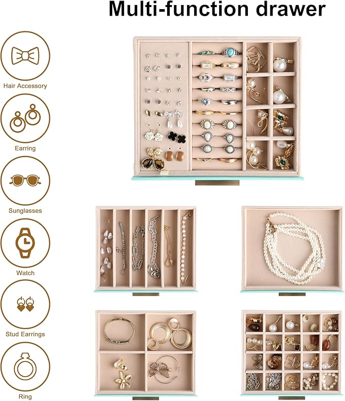 Frebeauty Clear Lid Jewelry Box,5-Layer Jewelry Organizer with Drawer,PU Leather Jewelry Organizers and Storage,Jewelry Boxes for Women,Jewelry Storage for Rings Earring Stud,Gift for Women(Turquoise)