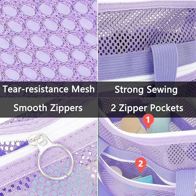 Fammart Mesh Shower Caddy Portable with Zipper & 2 Pockets - Quick Dry Shower Caddy Hanging for Travel Gym Camp Beach - Organizer Bag Bathroom Essentials for College Dorm