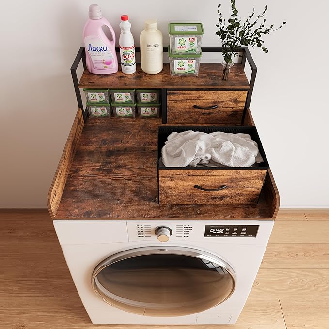 Unionly 2-Tier Washer Dryer Countertop single with shelf and fabirc drawer,laundry topper with Edge and Non-Slip Pad for Washer Dryer Laundry Hamper Counter Storage Organization (rustic brown, single)