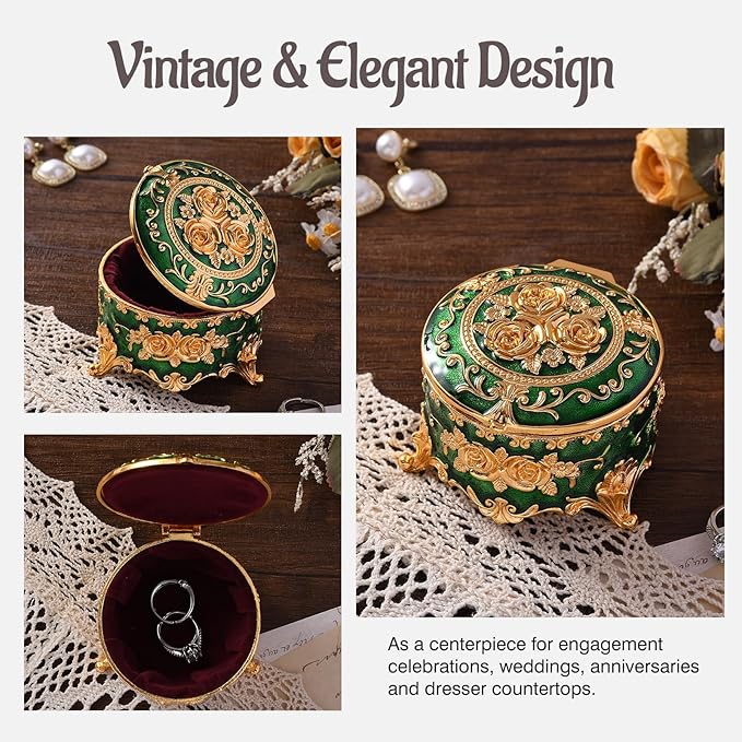 Vintage Jewelry Box, Gold Round Treasure Ring Box, Metal Trinket Organizer Keepsake Box Gift for Girl Women, Green