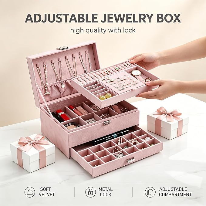 Jewelry Organizer Box for Women Girls, Jewelry Box 3-Tier Jewelry Display Case and Organizer,Lockable Jewelry Display Case Anti Tarnish,Varying Compartments for Necklaces, Bracelets, Rings