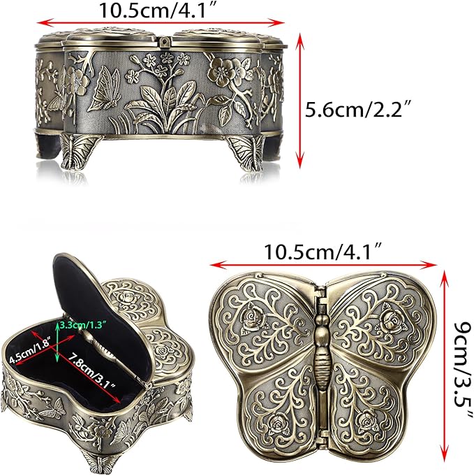 Hipiwe Vintage Metal Jewelry Trinket Box - Butterfly Shape Jewelry Organizer Treasure Chest Ring Holder Earrings Necklace Storage Box Keepsake Box,Brozne,Medium