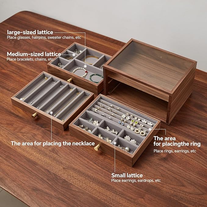 Black Walnut Jewelry Organizers and Storage,3 Layer Wooden Jewelry Boxes for Women,for Necklaces Ring Earring (3 Layer)