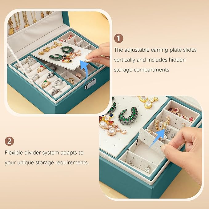 Homeanda Jewelry box 2 layer Jewelry box Leather Jewelry boxes for Women Girls Teens Jewelry organizer box Jewelry Storage box with lock(Green)