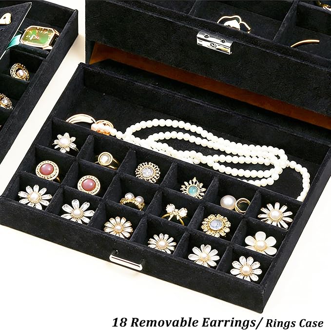 QBestry Jewelry Box for Women with Drawer, 3-Layer Large Jewelry Organizer with Lock & Key, 8 Necklace Hooks & 56 Earring Holes, Black Velvet Jewelry Storage Box for Necklaces Earrings Rings Bracelets