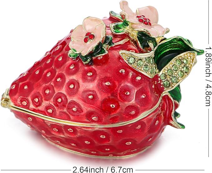 Hand Painted Fruit Trinket Box for Home Decor, Hinged Jewelry Organizer Storage, Unique Personalized Collectible Keepsake Figurine Handmade Decorative Ornament Gifts (Strawberry)