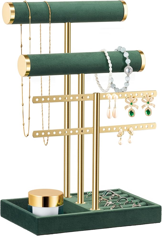 bussdis 3 Tier Bracelet Holder Display - Detachable T Bar Dark Green Velvet Bracelet Holder, Jewelry Holder Organizer for Bracelet, Necklace, Earrings, Rings