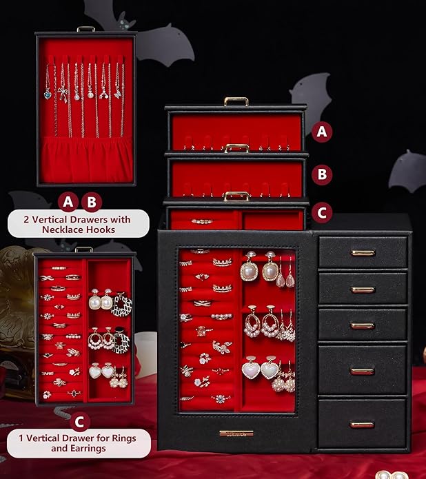 Homde Large Jewelry Box/Organizer/Case with Glass Window, Drawers for Necklaces Earrings Rings Bracelets Watches Gift for Women Girls
