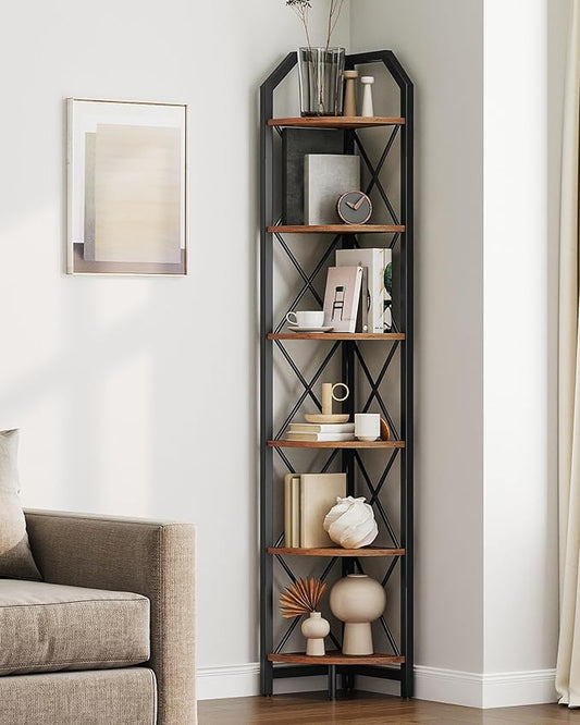 CHOEZON 6-Tier Corner Shelf, Industrial Corner Bookshelf, 71.2" Corner Storage Stand, Plant Stand Display Shelf, Corner Bookcase for Bedroom, Living Room, Home Office, Rustic Brown and Black TCJ11BF