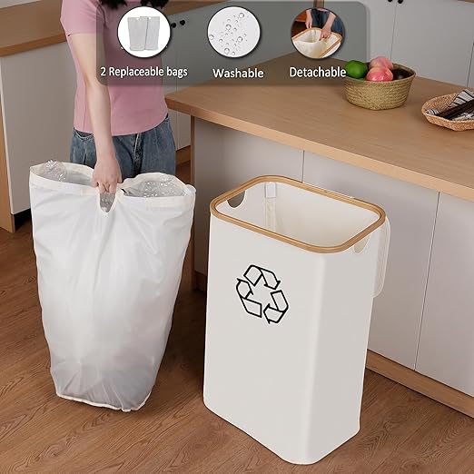 iEGrow 29 Gallons Recycling Bins for Kitchen, Indoor Recycle Bins with Lid, 110L Large Recycle bin with 2 Removeable Reusable Inner Bags, for Bottles Cans Glass Plastice Cartons(Beige)