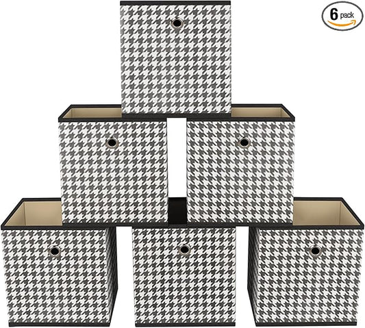 Foldable Storage Cubes Bins ,11 Inch Cloth Storage Cube Fabric Storage Box Cubes Organizer Baskets with Dual Handles for Home Organizer Set of 6 (Houndstooth)