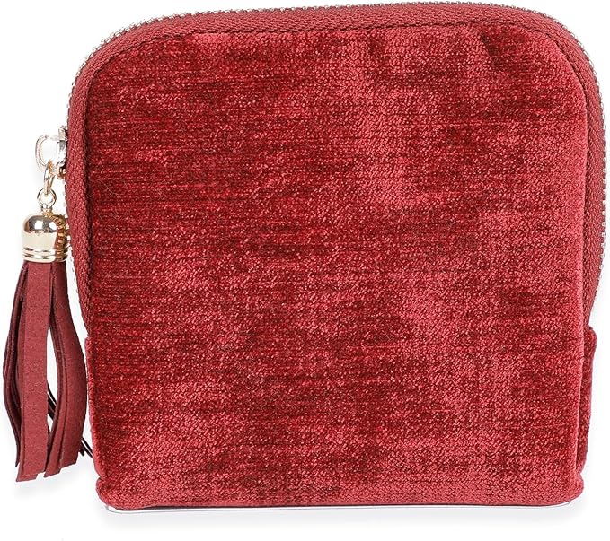 ASINGYER Travel Jewelry Storage Bag for Women, Velvet Portable Jewelry Organizer with Tassel Zipper, Small Pouches for Bracelets Necklaces Rings Earrings, Wedding Gift for Women (Wine red)