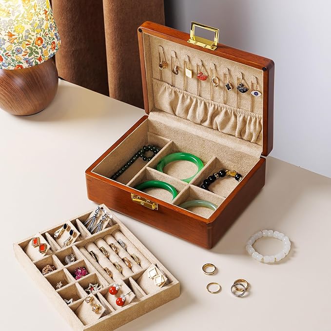 Wooden Jewelry Box with Lock, Double Layer Solid Walnut Wood Jewelry Organizer with Key Velvet Lining for Earrings Rings Necklaces Bracelets Cufflink Pendants Gift Idea Men Women
