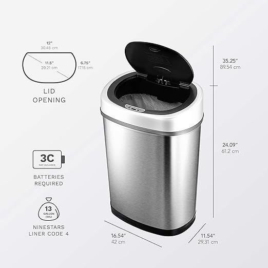 Ninestars DZT-42-9 Automatic Touchless Infrared Motion Sensor Trash Can, 11 Gal 42L, Stainless Steel Base (Oval, Silver/Black Lid)