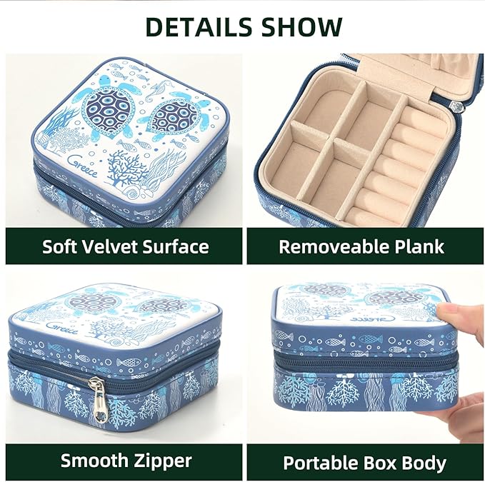 shunmei Mini Travel Jewelry Box,PU Leather Portable Jewelry Organizer Case,Art Accessories Storage Holder Boxes for Earring, Necklace, Rings, Bracelets (Turtle)