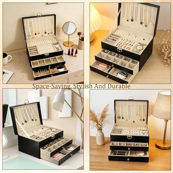 SRTCYDA Jewelry Box for Women, Large PU Leather jewelry organizers and storage, 3-Layer Jewelry Storage with 2 Drawers, Space-Saving Design for Vanity, Holds All Types of Jewelry (Black)