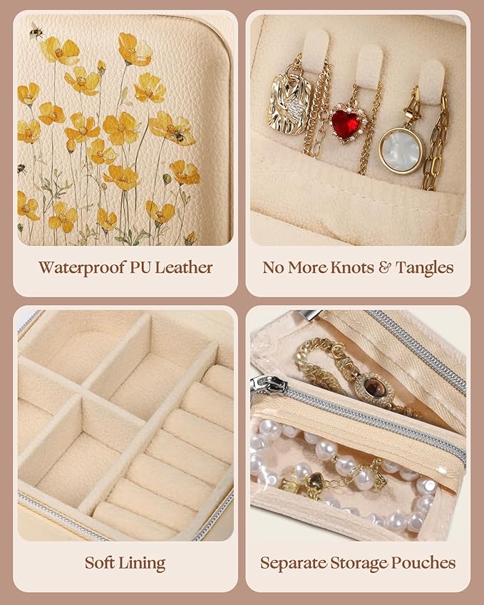 Bistup Travel Jewelry Case - Small Jewelry Organizers and Storage Box for Women Girls Teens Cute Traveling Jewelry Holder with Mirror Little Tiny Compact Yellow Flower Pretty Modern Unique Aesthetic
