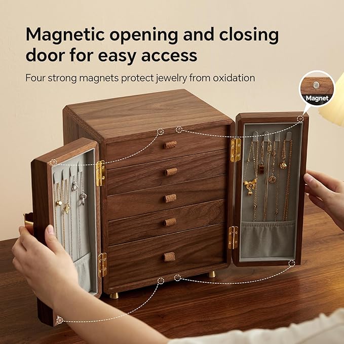 Black Walnut Wood Wooden Jewelry Box for Women, Large Velvet Lined Jewelry Organizer with 5 Drawers & Brass Feet, Earring Jewelry Box Organizer, Traditional Chinese Pattern Handles