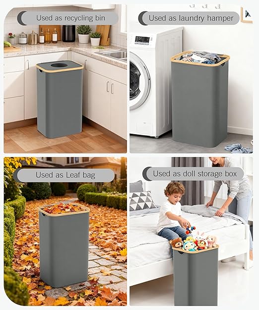 Recycling Bins for Kitchen, 26 Gallon (100L) Recycle Bin with lid, Indoor Oxford Fabric Recycling Trash Can with 2 Pack Removeable and Reusable Inner Bags for Bottle Can Glass Plastic Sticker, Grey