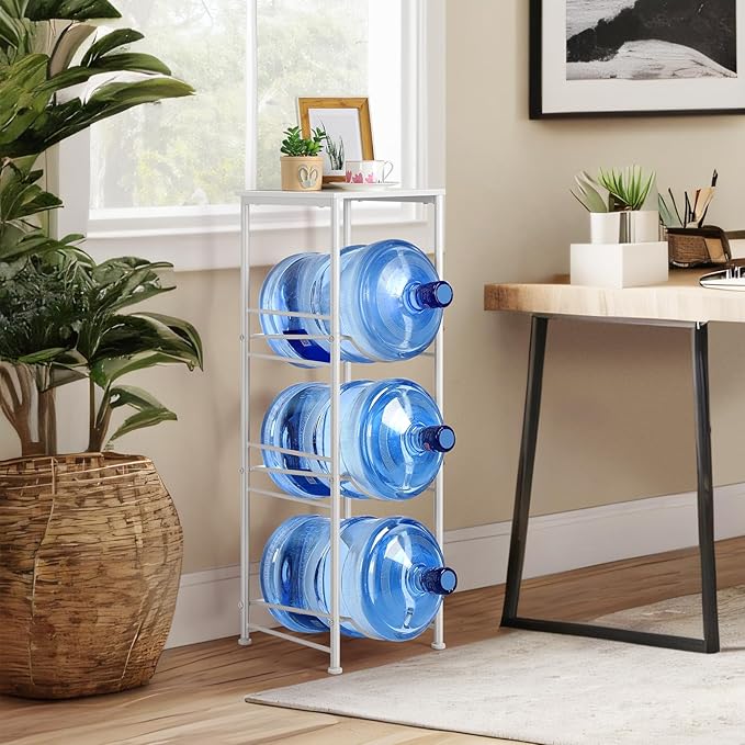 OYEAL 5 Gallon Water Bottle Jug Holder 3-Tier Water Bottle Holder Organizer with Top Shelf, Heavy Duty Water Dispenser Stand Rack for Kitchen Living Room Office, White