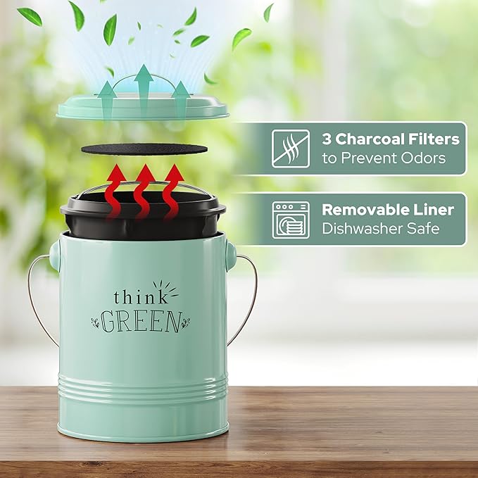 Barnyard Designs Compost Bin for Kitchen Counter - 1.2 Gallon Countertop Composter with Extra Smell-Absorbing Filters and Inner Bucket for Easy Cleaning - Food Waste Bin for Kitchen with Lid (Mint)