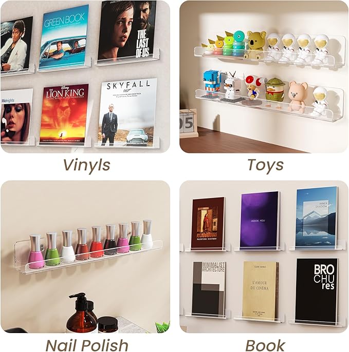 Gotega 12 Pack Vinyl Record Shelf Wall Mount, 12 inch Album Record Holder Display, Clear Acrylic Floating Shelves for Wall, Suitable for Bedroom, Living Room, Magazine Shelf, Kids Bookshelf, etc