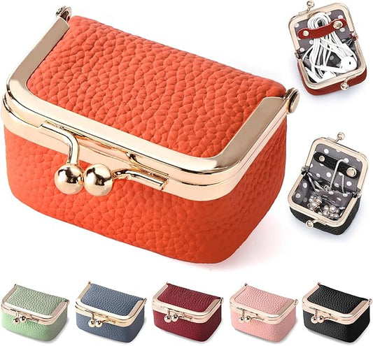 Zivyes Mini Jewelry Box Travel Small Coin Purse Organizer Case Genuine Leather Tiny Size (Orange)