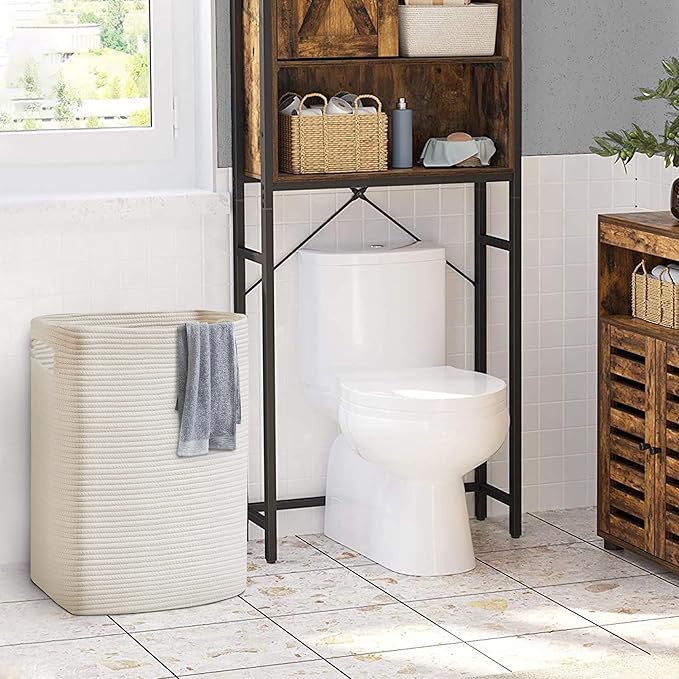 MEGASKET Large Laundry Hamper 16"x13"x22" - Tall Woven Laundry Basket, Cotton Rope Dirty Clothes Hamper, Baby Kids Nursery Wicker Laundry Basket, Bedroom Aesthetic, Soft Laundry Bin, White Hamper, 75L