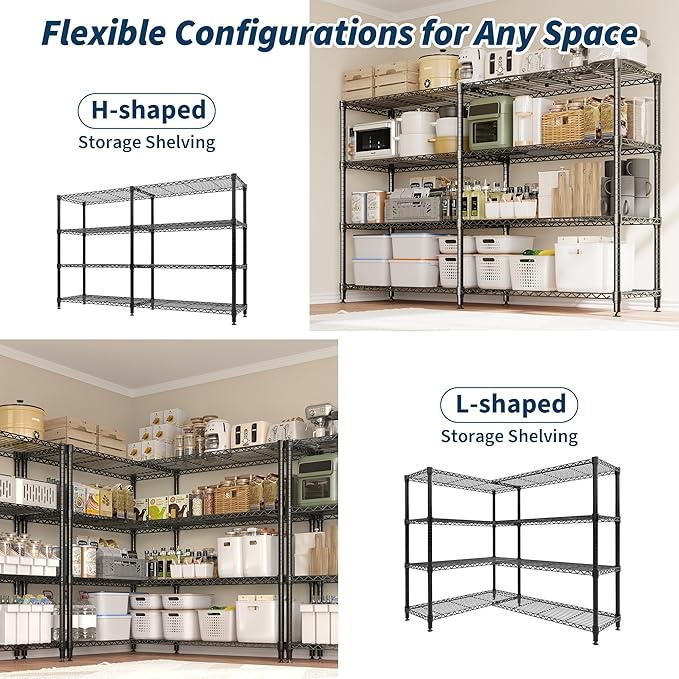 Garvee Storage Shelves 60" W Heavy Duty Metal Shelving Unit, 4-Tier Wire Rack Shelving for Kitchen Garage Storage, Load 1060LBS, Adjustable Wire Shelf for Pantry Room Basement, 13.8" Dx59.5 H, Black
