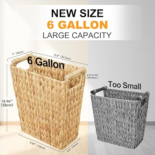 Coeusy 6 Gallon Wicker Trash Can with Wooden Handle,Wicker Waste Basket for Bathroom,Bedroom,Large Narrow Water Hyacinth Trash Basket,Rattan Boho Decor Farmhouse Bathroom Trash Can