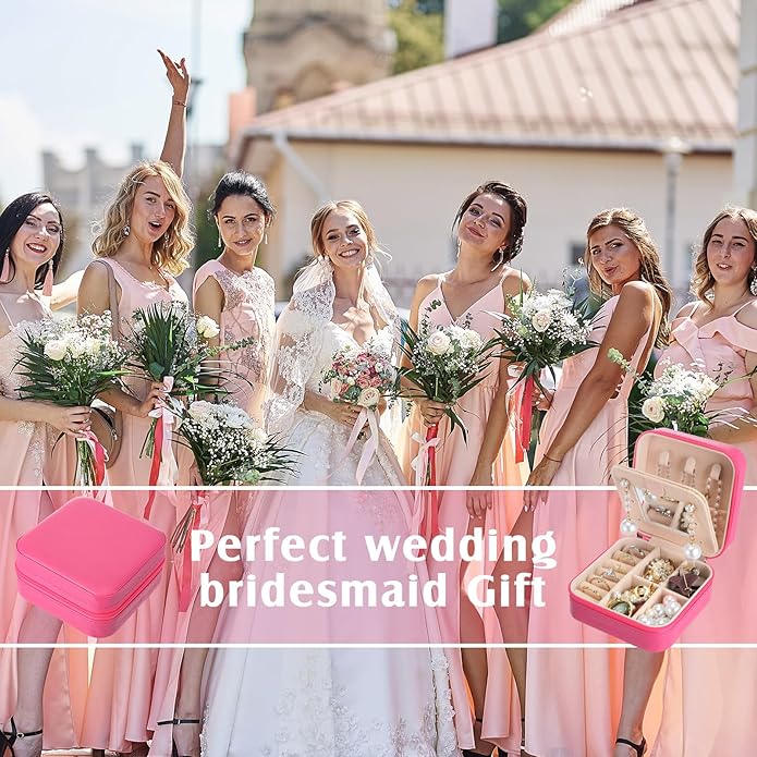 Hillban Bridesmaid Gifts Jewelry Box with Mirror, PU Leather Small Travel Jewelry Case Organizer Storage for Women Girls