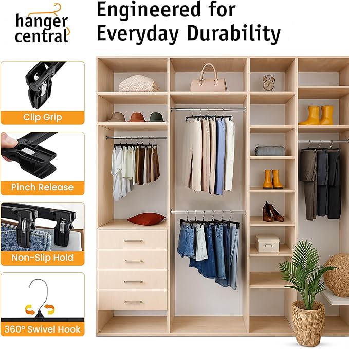 Hanger Central 30 Pack Pants Hangers Slim Plastic Clothes Hangers with Clips for Skirts, Shorts & Trousers – Non Slip Grip, Heavy Duty Space Saver with Swivel Hook – Black Closet Organizer - 10 Inch