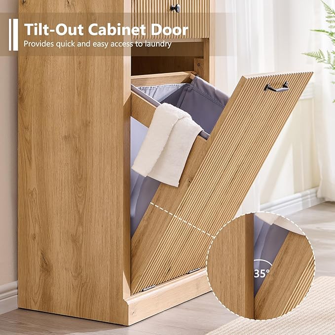 IFBUY Modern Tilt-Out Laundry Hamper Cabinet, 10 Gallon Fluted Trash Can Cabinet with Drawer, Wooden Hidden Garbage Can Cabinets with Laundry Basket, Free Standing for Bathroom & Kitchen, Natural Oak