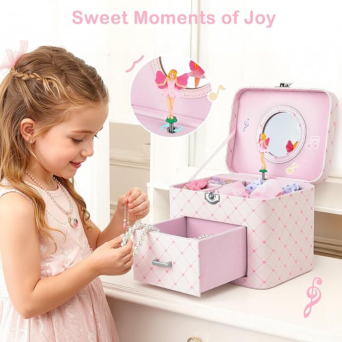 Basumee Musical Jewelry Box for Girls PU Leather Music Box with Drawer Large Kids Jewelry Organizer with Unicorn/Ballerina Jewelry Storage for Little Girls Ages 3–10, Birthday & Holiday Present