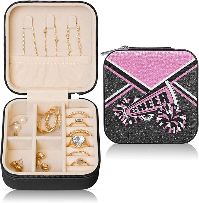 Cheerleader Travel Jewelry Case, Cheer Travel Jewelry Box for Women, Mini Jewelry Travel Case for Cheer Team, Cheerleader Gifts for Girls (Pink)