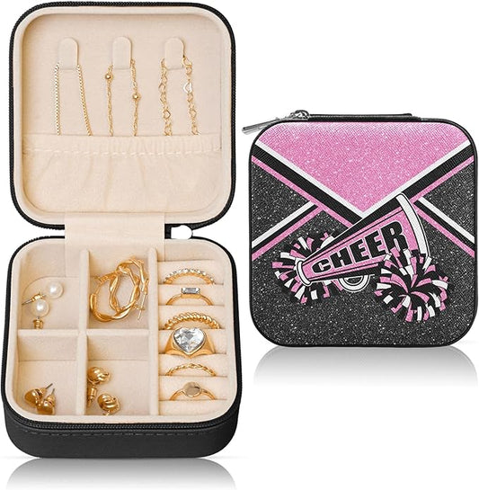 Cheerleader Travel Jewelry Case, Cheer Travel Jewelry Box for Women, Mini Jewelry Travel Case for Cheer Team, Cheerleader Gifts for Girls (Pink)