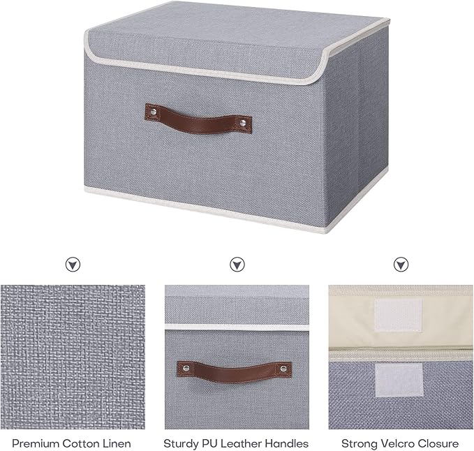 ANMINY Storage Bin with Lid Storage Boxes with PU Leather Handles PP Plastic Board Decorative Foldable Lidded Cotton Linen Fabric Home Cubes Baskets Closet Organizer Container - Gray, Medium