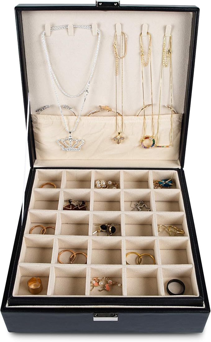 Frebeauty Earring Holder Organizer, 50 Slots Earring Organizer,2 Layer Jewelry Box for Earrings and Necklace,PU Jewelry Organizer,Jewelry Organizers and Storage(Black)