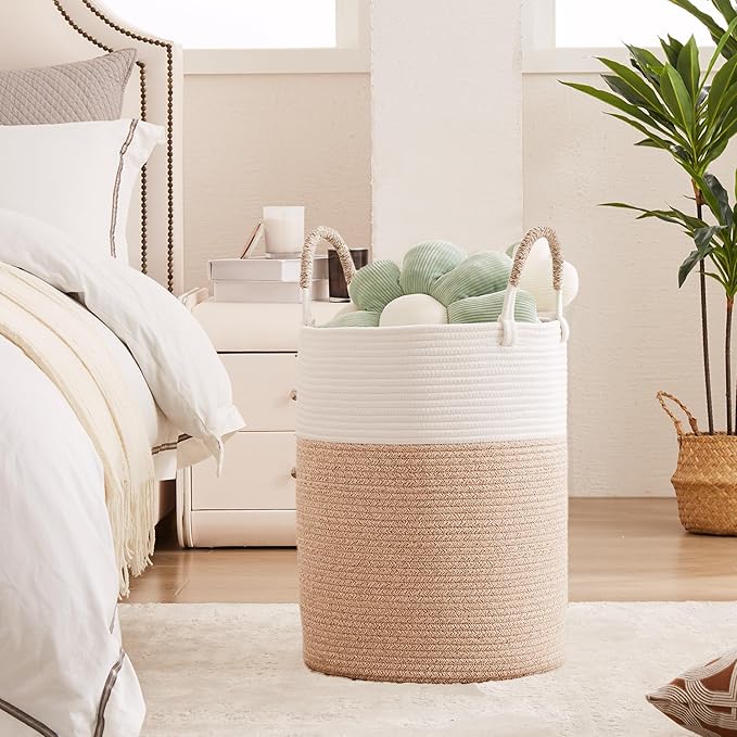 60L Laundry Hamper Basket Tall Woven Cotton Rope Clothes Hamper for Baby Girls Nursery Kids Blanket Basket in Living Room Bathroom Bedroom Brown 15Dx20H Inches Large