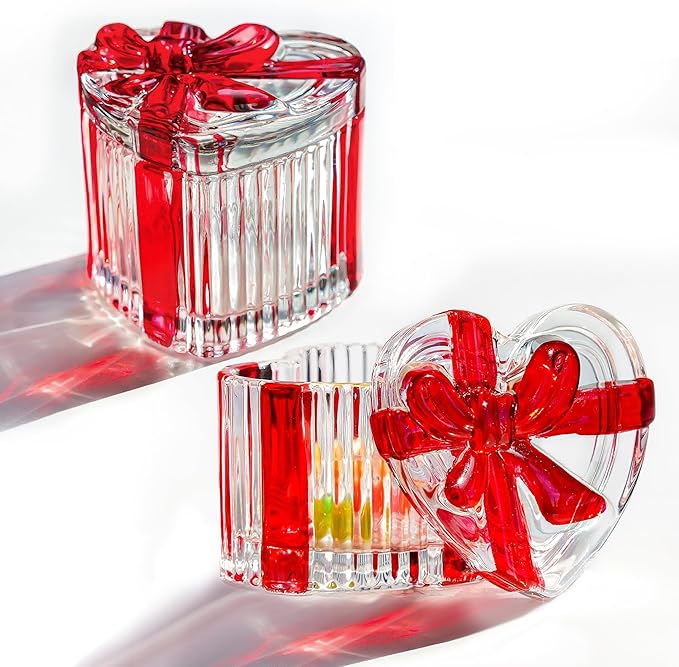 kanpura 2 Pack Glass Heart Shaped Jewelry Box Candy Dish with Lid Ring Earring Trinket Storage Box Vintage Jewelry Organizer Decorative Jar Gifts for Women Girls(Red & Clear)