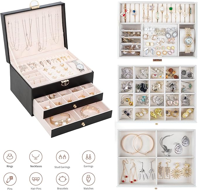 GUOER Jewelry Box for Women Girl Wife 3 Layers Large PU Leather Jewelry Organizer Storage Case with Two drawers Display for Earrings Bracelets Rings Watches (Black)