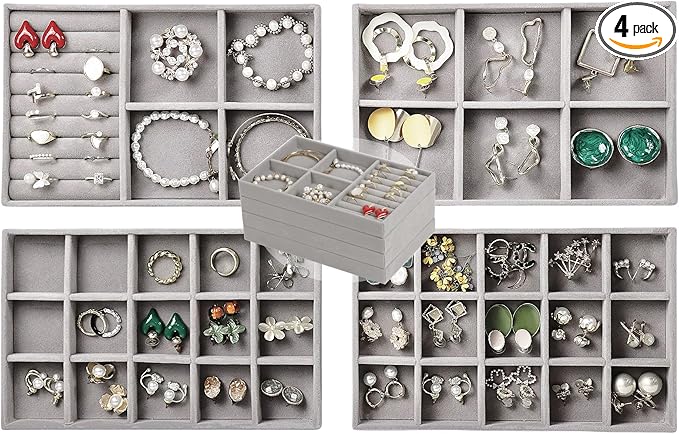 Set of 4 Stackable Jewelry Trays Organizer, Velvet Earring Organizer, Jewelry Organizer Showcase Display Drawer Organizer Storage, Earring Holder Necklace Bracelet Ring Accessary Organizers (Gray)