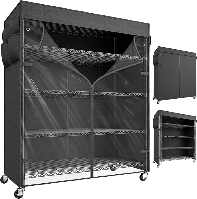 REIBII 45''W Storage Shelves with Cover & Wheels, Metal Shelving Waterproof Dustproof, Wire Shelving Unit Covers, Garage Storage Rack Wire Shelf for Kitchen Pantry, Storage Room, 45Wx17.72Dx72.83H